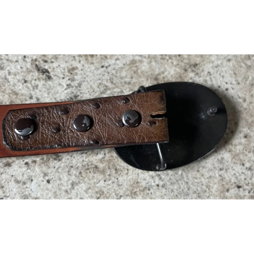 VTG James Reid Ostrich Leather Belt Western Style Brown US Metal Buckle Sz 36
